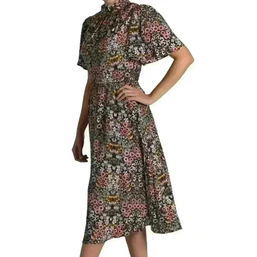 Julia Jordan Floral Ruffle Neck Midi Dress Black Red High Neck Size 14